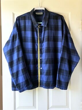 Eleven Stitch Design Plaid Shirt Jacket Lagenlook Relaxed Blue Black Size XL